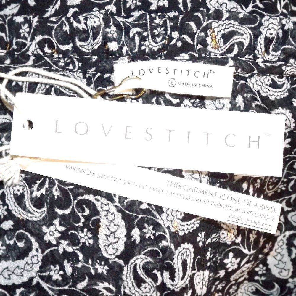 new LOVESTITCH Dress, L, Black/White Paisley, Smocked Waist/Cuffs, Attached Slip - Picture 12 of 15